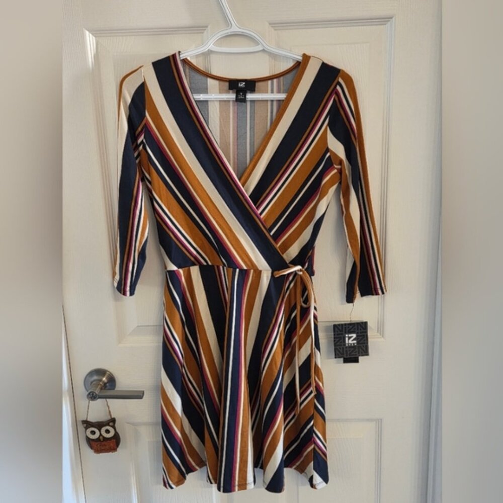 NWT Iz Byer Jr's 3/4 Long Sleeve Striped Dress, 70s Black, White, Brown, Gold
